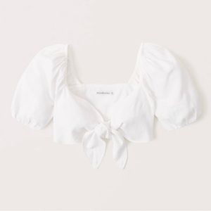 Abercrombie & Fitch Tie-Front Linen-Blend Puff Sleeve Top
